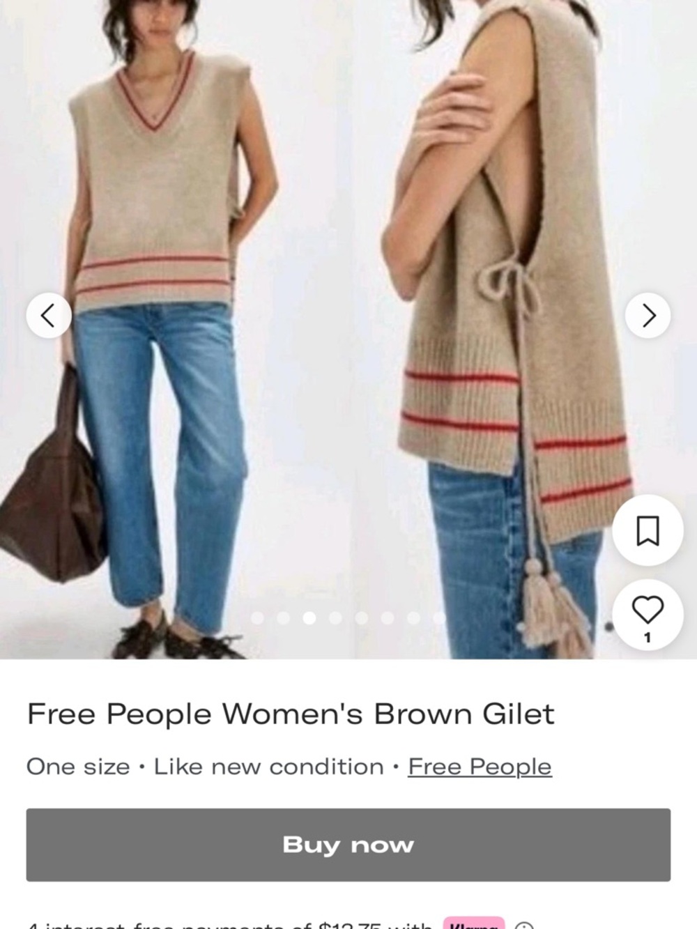Free People Womens Taupe Knit V-Neck Sweater Vest with Red Stripe Accents